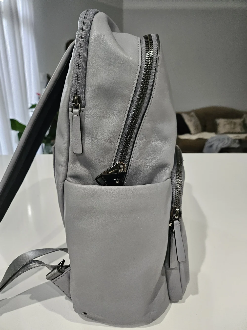 Tumi Light Gray Leather Backpack with Front Pocket